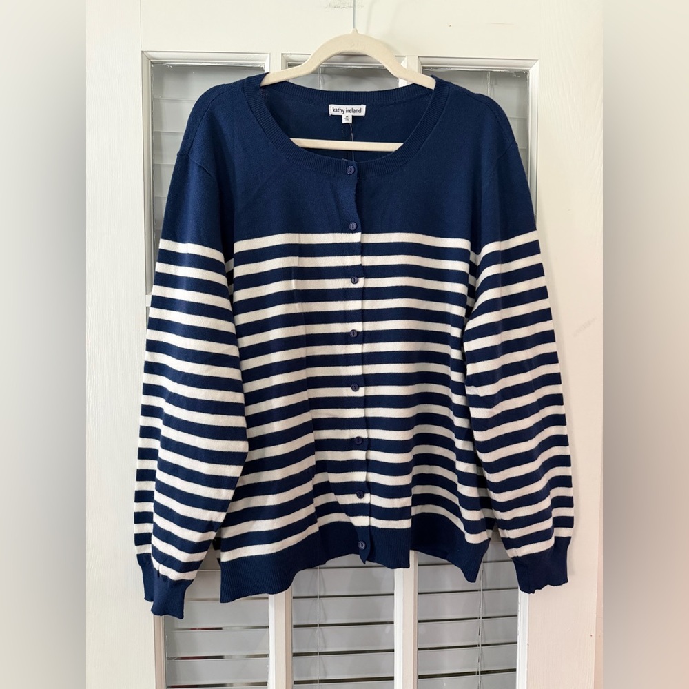 NWT Kathy Ireland Women’s 3X Blue White‎ Striped Cardigan Sweater | SKU 0126